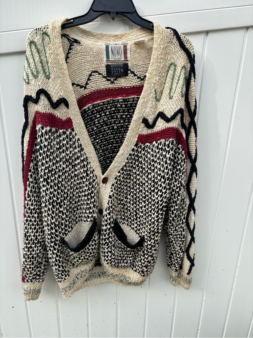 NOVO Cream Knit Cardigan with Black, Red and Green Accents